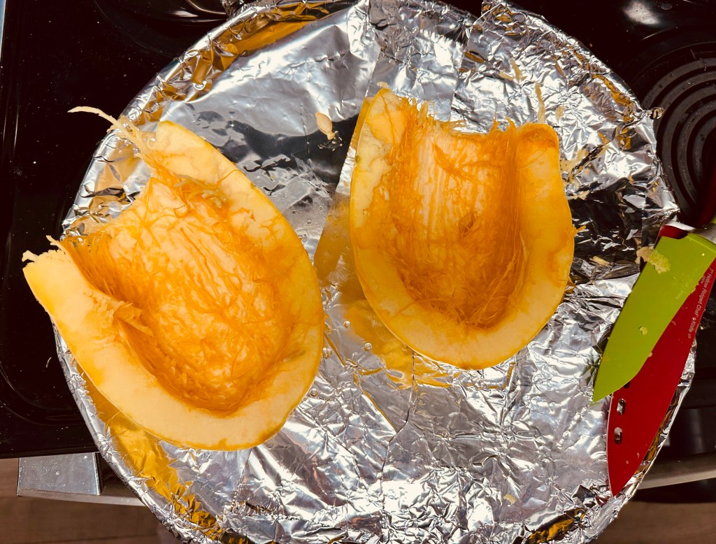 Spaghetti squash cut in half.